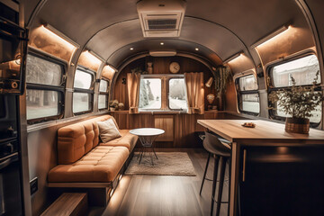 Fototapeta premium Cozy interior in the trailer of mobile home, generative ai
