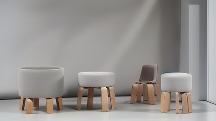 three stools and a stool with wooden legs - Generative AI
