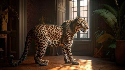 dramatic scene of a leopard. Created with generative AI. - obrazy, fototapety, plakaty