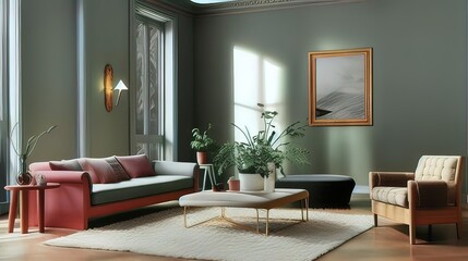 a living room with a sofa, coffee table and a painting - Generative AI