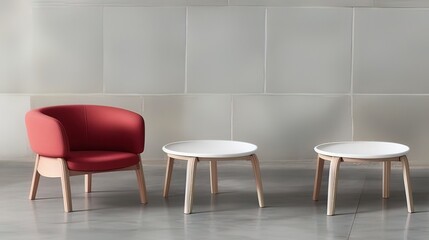 three chairs and a table with a red chair - Generative AI