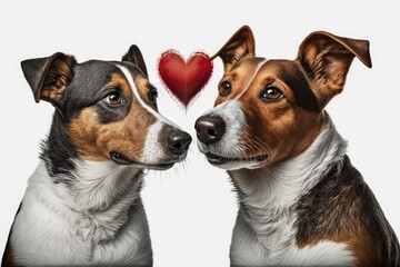 two dogs with 3d heart on white background. Generative AI