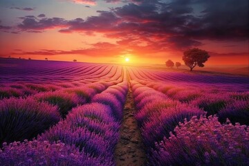 Lavender field at sunset picture. Generative AI