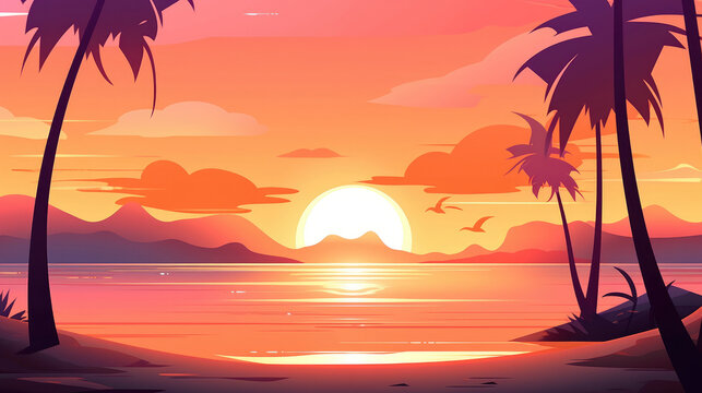 Summer sunset background. Illustration AI Generative.