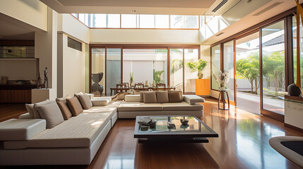 Fototapeta na wymiar A modern living room in a designer Thai villa. AI generated.