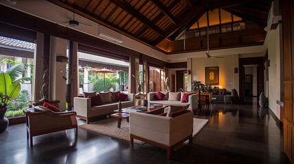 Fototapeta na wymiar The living room of a modern luxury Balinese house. AI generated.