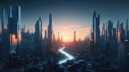 futuristic city at sunset. Created with Generative AI.