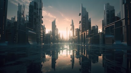 futuristic city at sunset. Created with Generative AI.