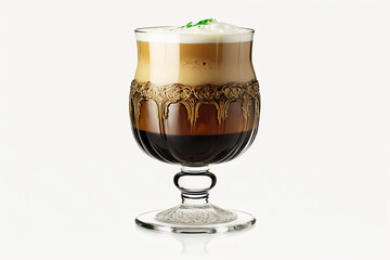 Irish Coffee drink in glass cup on white background. Generative AI.