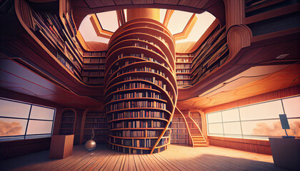 Modern big library, sheves with books, learning and back to school concept, created using of AI tool