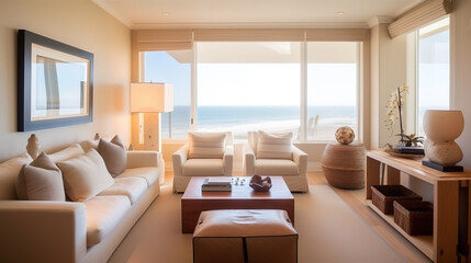The living room of a bright Californian beach house. AI generated.