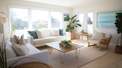Fototapeta na wymiar The living room of a bright Californian beach house. AI generated.
