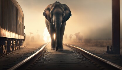 big elephant walking on a train tracks. Created with generative AI.