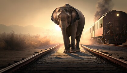 big elephant walking on a train tracks. Created with generative AI.