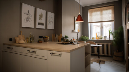 Fototapeta na wymiar Modern kitchen in an appartment. AI generated.