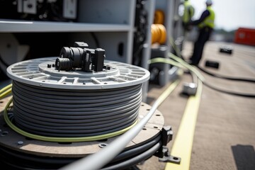 close-up of fiber optic cable being installed on a rooftop, created with generative ai - obrazy, fototapety, plakaty