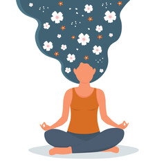 The figure of a young girl sitting in a lotus position with long hair in flowers. The woman is meditating. Vector graphics.
