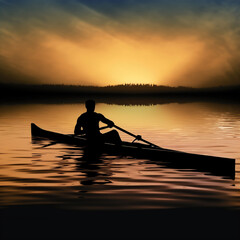 kayaking, boat, sunset, water, fishing, lake, fisherman, sea, silhouette, river, sun, nature, evening, sunrise, fish, landscape, sky, rowing, kayak, ocean, reflection, travel, sport, generative