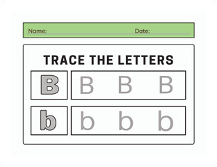 Trace letter B uppercase and lowercase. Alphabet tracing practice preschool worksheet for kids learning. Vector illustration