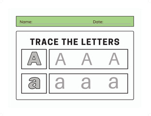 Trace letter A uppercase and lowercase. Alphabet tracing practice preschool worksheet for kids learning. Vector illustration