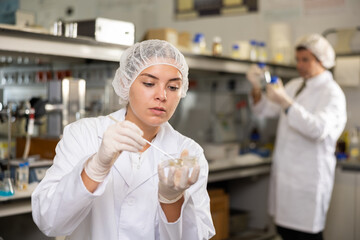 Professional female chemist working in laboratory, analyzing liquid samples in test flasks