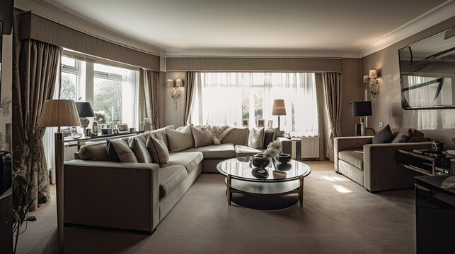 The living room of a luxury Park Lane appartment. AI generated.