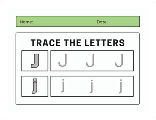 Trace letter J uppercase and lowercase. Alphabet tracing practice preschool worksheet for kids learning. Vector illustration