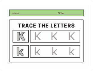 Trace letter K uppercase and lowercase. Alphabet tracing practice preschool worksheet for kids learning. Vector illustration