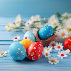 Easter Day. eggs painted in many colors on a blue wooden table. decorating flowers.