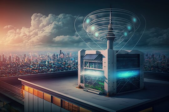 5g base station, connected to fiber optic cable and lightning rod, on rooftop of city office building, created with generative ai