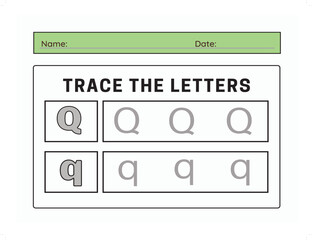 Trace letter Q uppercase and lowercase. Alphabet tracing practice preschool worksheet for kids learning. Vector illustration