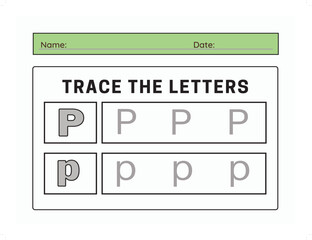 Trace letter P uppercase and lowercase. Alphabet tracing practice preschool worksheet for kids learning. Vector illustration