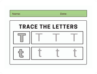 Trace letter T uppercase and lowercase. Alphabet tracing practice preschool worksheet for kids learning. Vector illustration