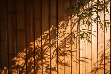 sunlight of tropical bamboo tree leaf shadow on brown wooden panel wall. Generative AI