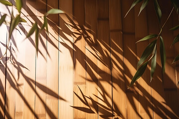 Bamboo shadow on wooden panel wall. Generative AI