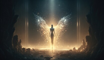 Lone silhouetted winged angelic figure with darkness illuminated by the light of the divine. Created with Generative AI. - obrazy, fototapety, plakaty