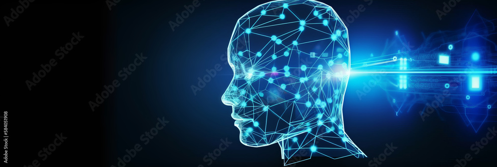 Poster banner for artificial intelligence. web background technology. blue holographic virtual human concep