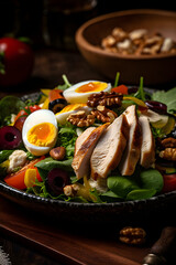 Delicious salad with chicken, nuts, egg and vegetables. (generative ai)