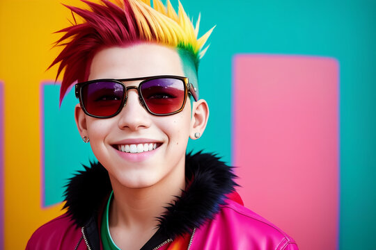 Portrait of a man with rainbow mohawk hair and sunglasses on a abstract painted background, summer vibrancy. Generative AI.
