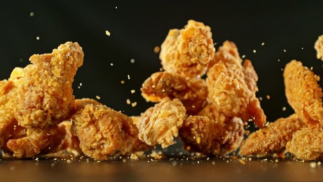 Super slow motion of flying fried chicken pieces on black background. Filmed on high speed cinema camera, 1000fps, placed on high speed cine bot. Camera in motion, following objects. Speed ramp effect