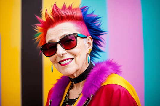 Portrait of an elderly woman with rainbow mohawk hair and sunglasses on a abstract painted background, summer vibrancy. Generative AI.