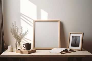Fototapeta na wymiar Empty Frame Mockup in Scandinavian style room. Illustration Generative AI