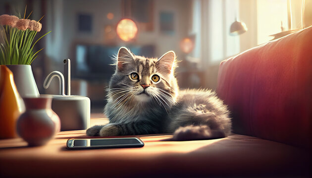 Cat checking his social media on phone