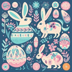 Festive Easter card depicting Easter bunnies and Easter eggs