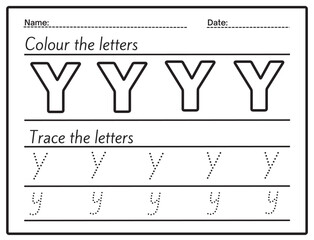 Letter tracing and coloring page for kids. Kids can practice and trace these letters. In this way, they can learn the alphabet. letter Y