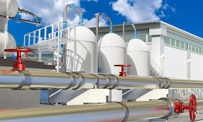 Production background. Pipes and industrial tanks. Factory area. Chemical production. Equipment for chemical factory. Petrochemical industry. Processing of petroleum products. 3d image