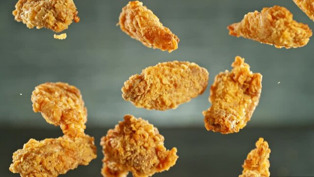 Super slow motion of flying fried chicken pieces on grey background. Filmed on high speed cinema camera, 1000fps, placed on high speed cine bot. Camera in motion, following objects.