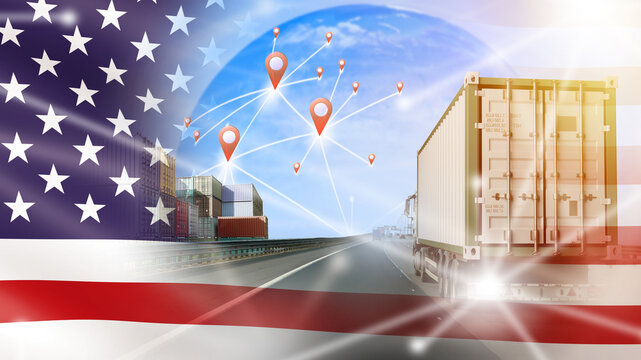 Trucking in USA. Flag of america near truck. Delivery of goods across USA. Truck business in United States. Freight logistics. Truck rides in seaport. Automotive transportation. 3d image