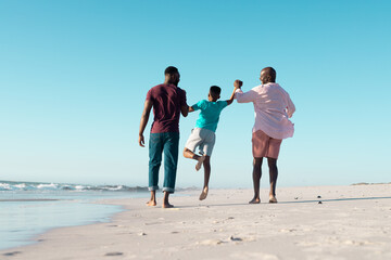 Rear view of african american father and grandfather holding boy's hands and picking him up at shore - Powered by Adobe