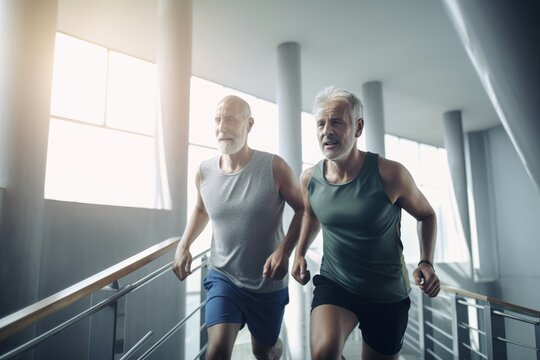 Middle-aged men, two friends during gym workout, AI generative